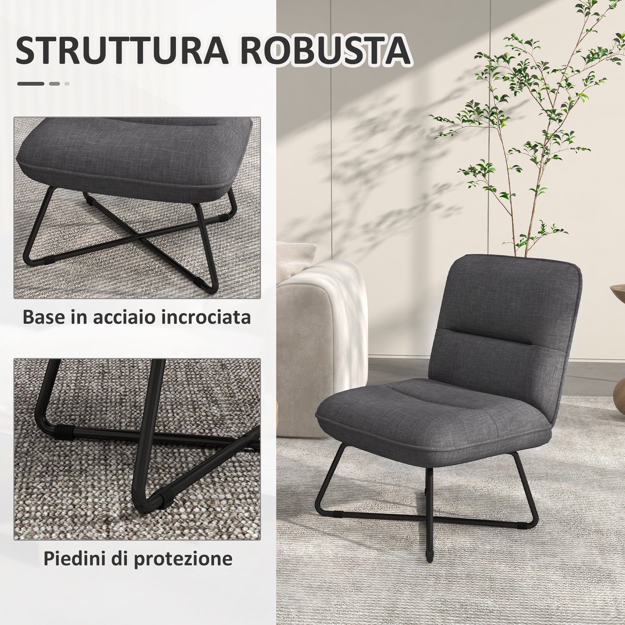Modern Armchair with Steel Base and Fabric Upholstery, 61x68x83.5cm, Dark Grey