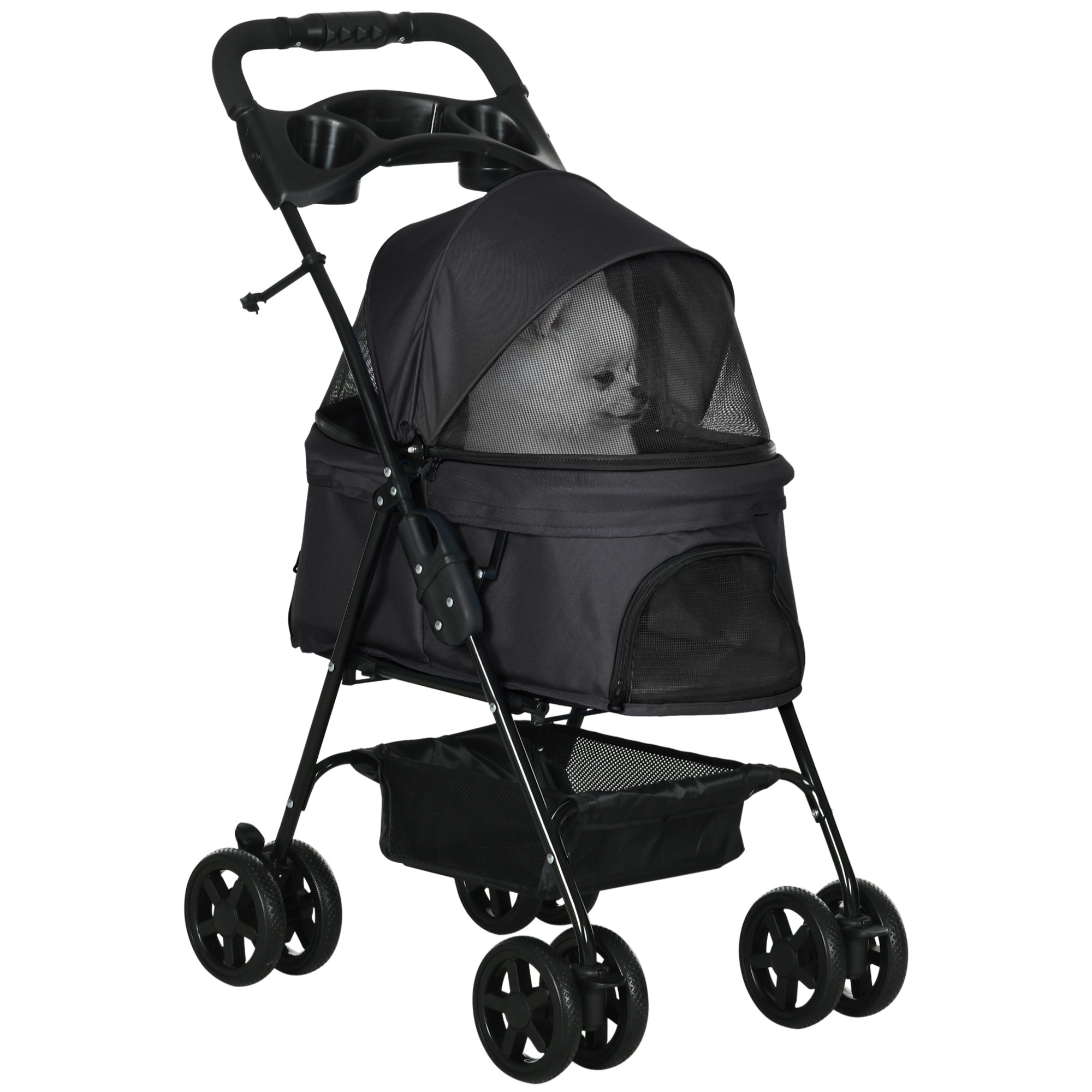 Foldable Dog Stroller with Safety Leash and Basket, Black