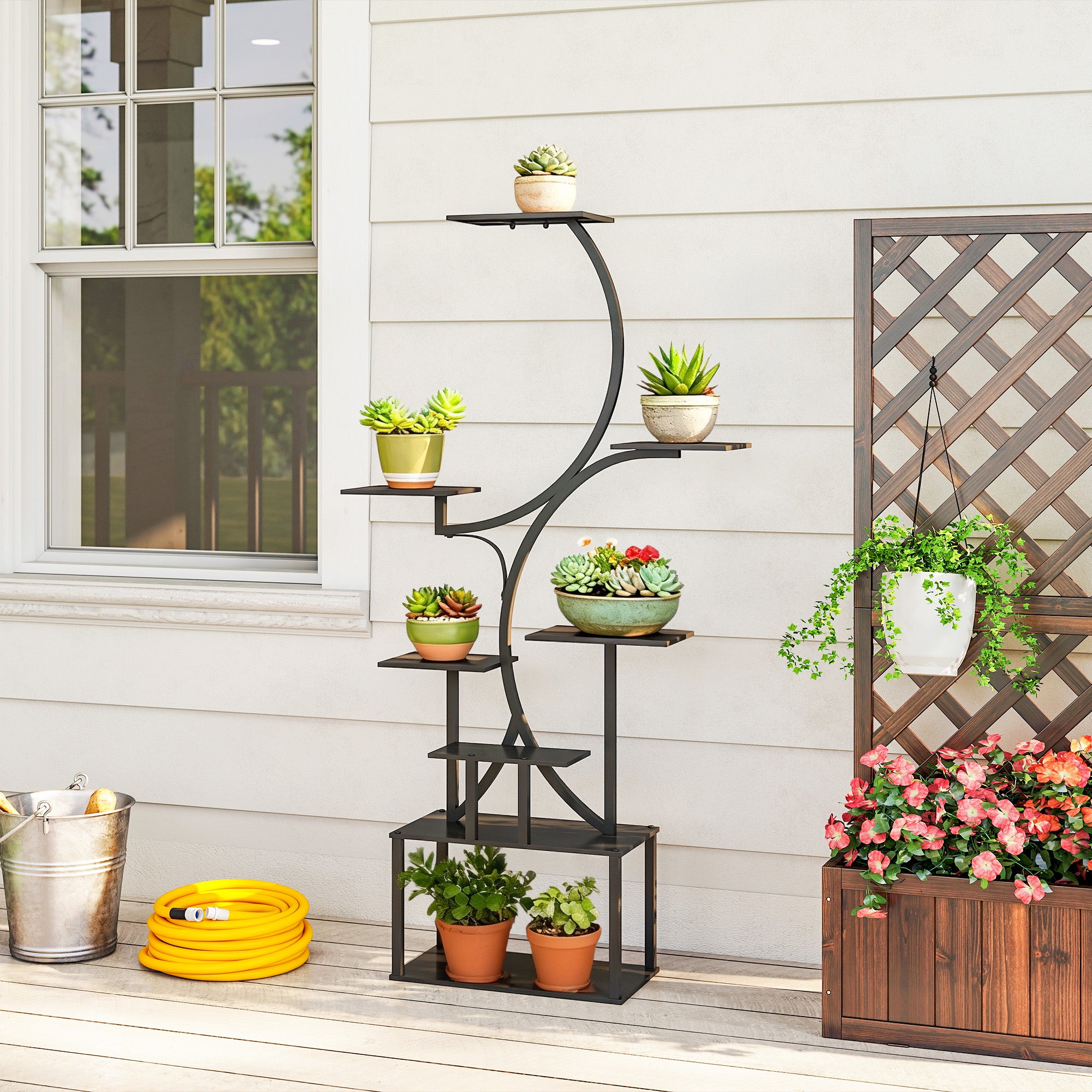 Outsunny 8-Tier S-Shaped Plant Stand for Indoor and Outdoor Use, Metal, 74 x 26 x 158.5 cm, Black