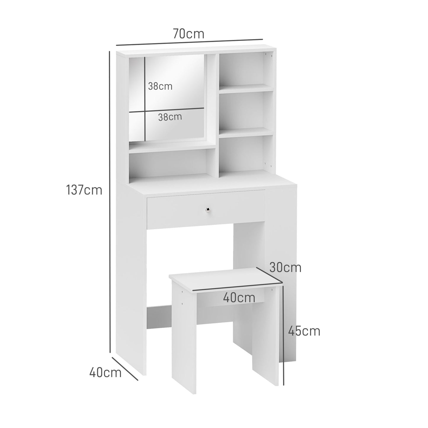 Makeup Vanity Set with Coffee Table and Stool, Mirror and Shelves in Wood, White