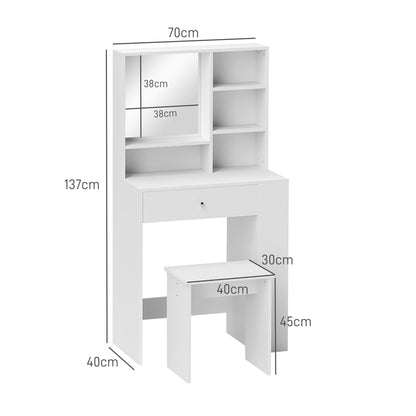 Makeup Vanity Set with Coffee Table and Stool, Mirror and Shelves in Wood, White