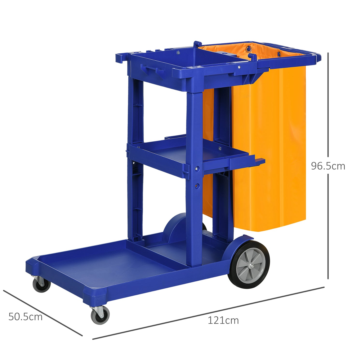 3-Shelf Cleaning Trolley with Hooks and 100L Bag, 121x50.5x96.5 cm, Blue Yellow and Gray