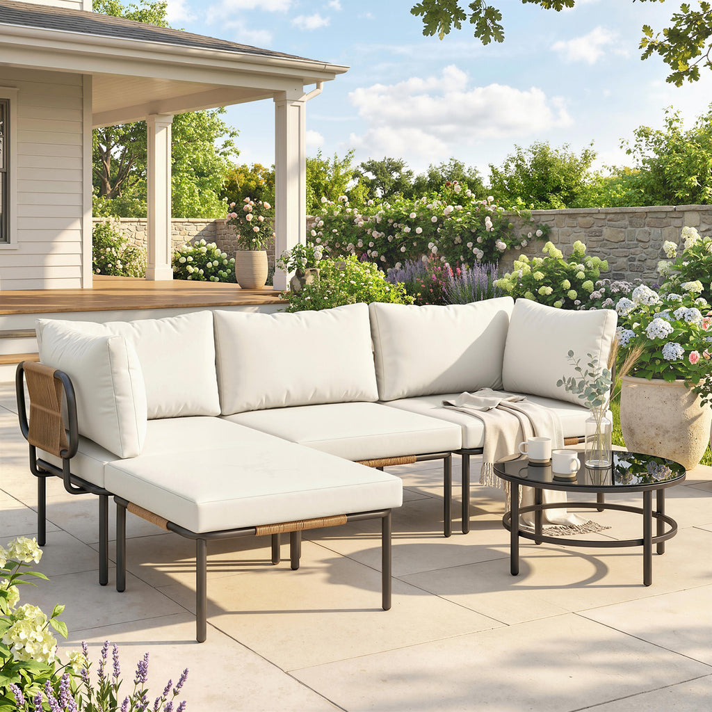 Outsunny 5-Piece Modular Rattan Garden Set with L-Shaped Sofa, Coffee Table, and Cushions, Khaki