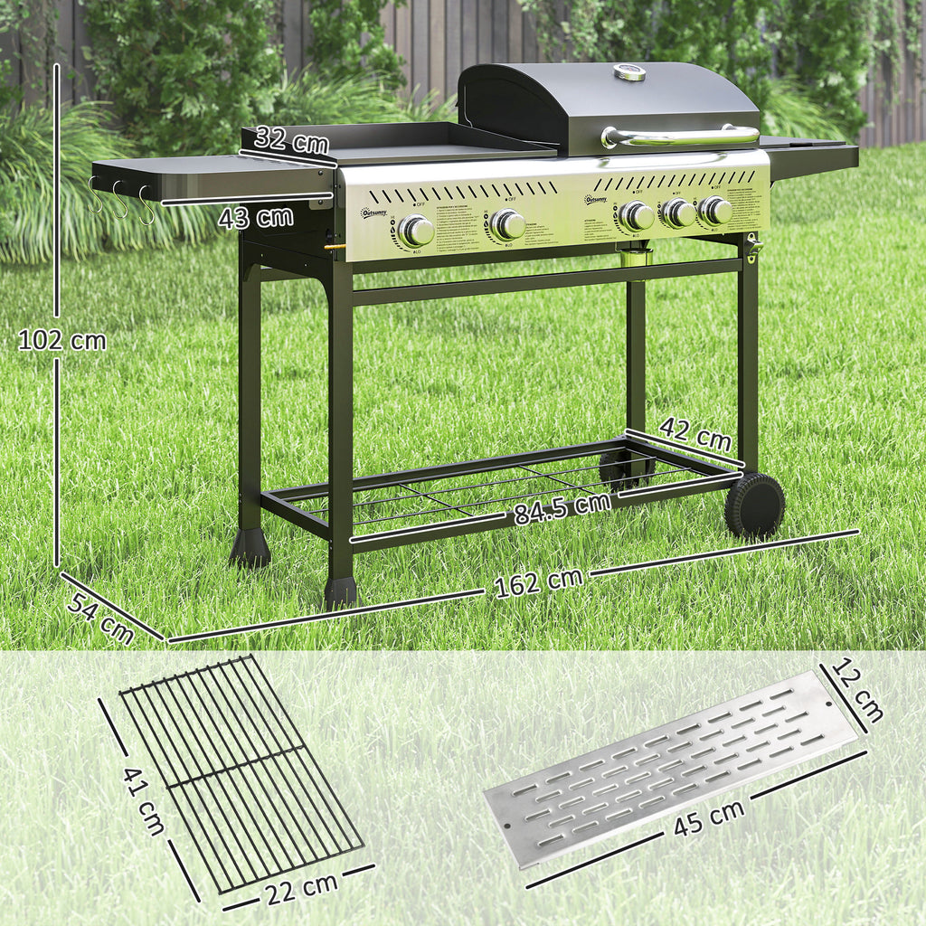 Gas Barbecue with Plate and Burner, Lid with Thermometer and Shelves, Regulator and Tube Included, Black