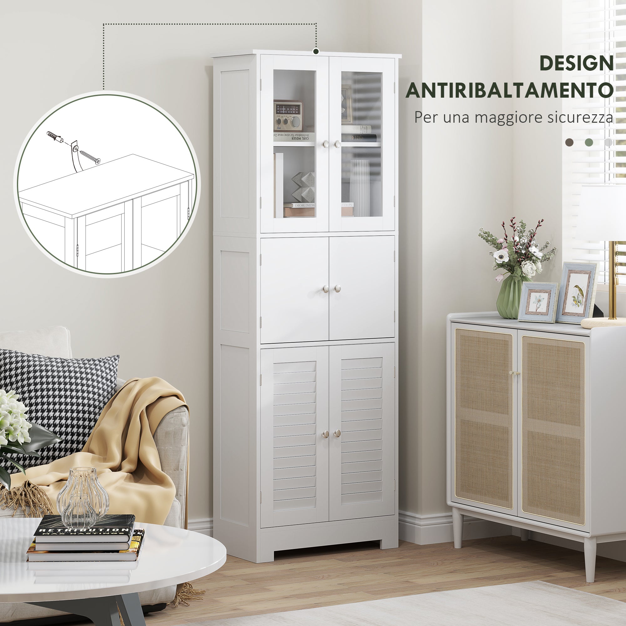 Bathroom Cabinet Column with 3 Cabinets and Glass Doors and Shutters, 60x30x170.5cm, White