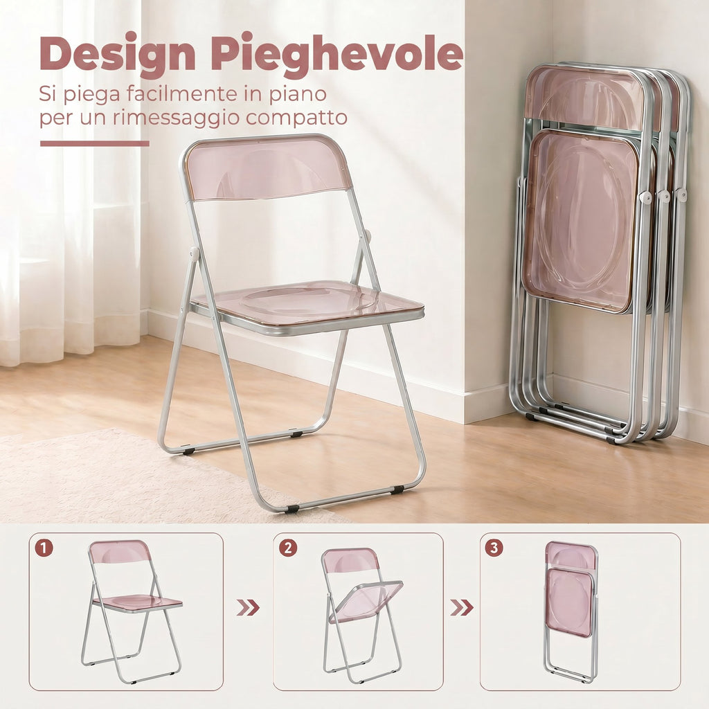 HOMCOM Set of 4 Clear Acrylic Folding Chairs, Pink