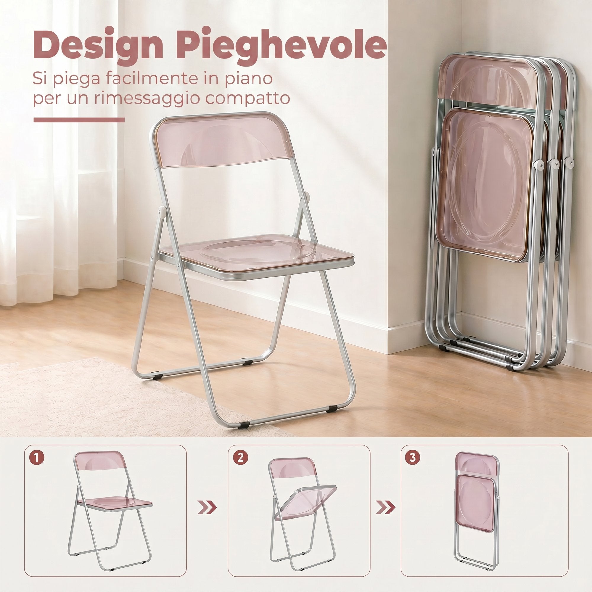 HOMCOM Set of 4 Clear Acrylic Folding Chairs, Pink