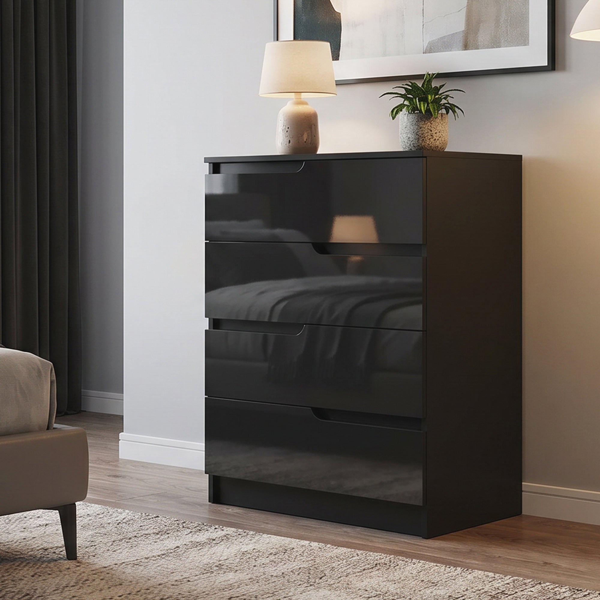 HOMCOM Modern and Minimalist 4-Drawer Wooden Chest of Drawers, 60x40x85 cm, Glossy Black