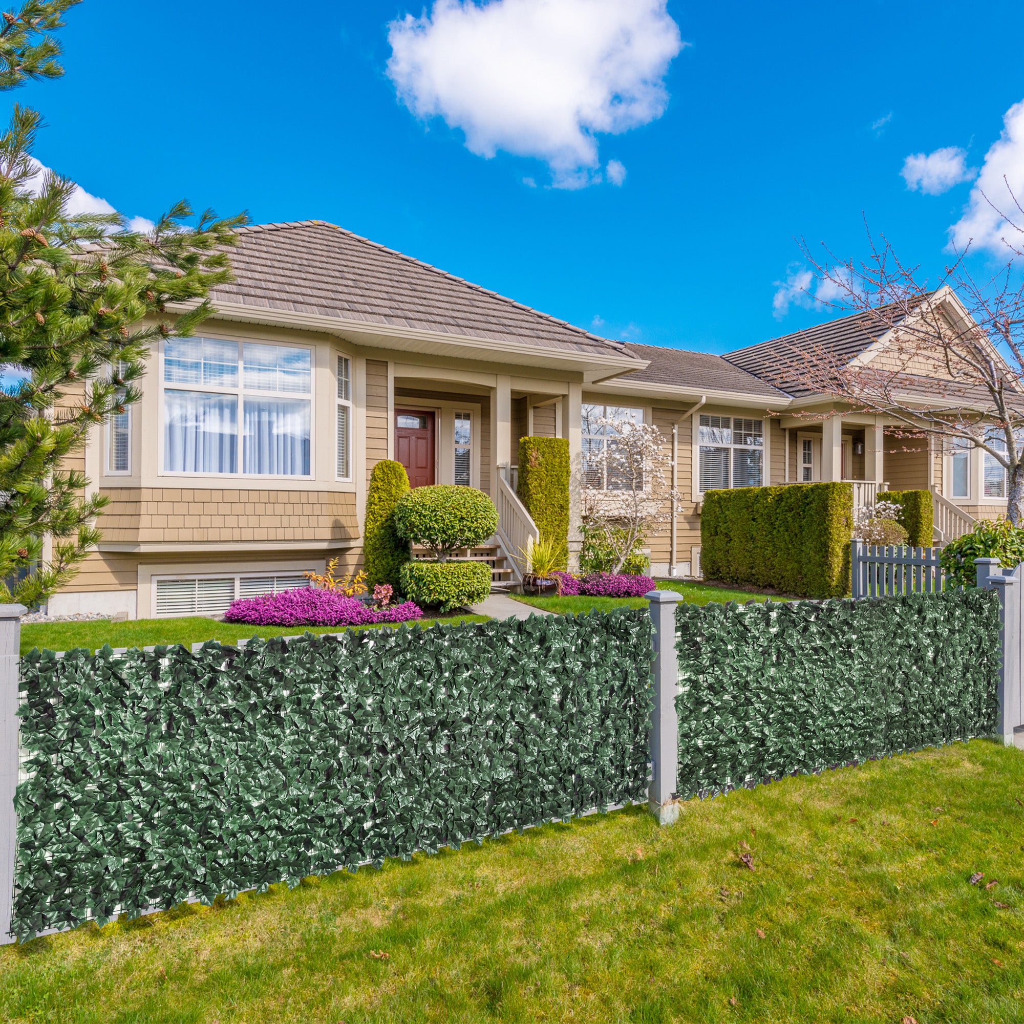 Outsunny Artificial Hedge Roll for Balcony and Garden in Anti-UV PE, Fake Hedge with Dark Green Leaves 300x100cm