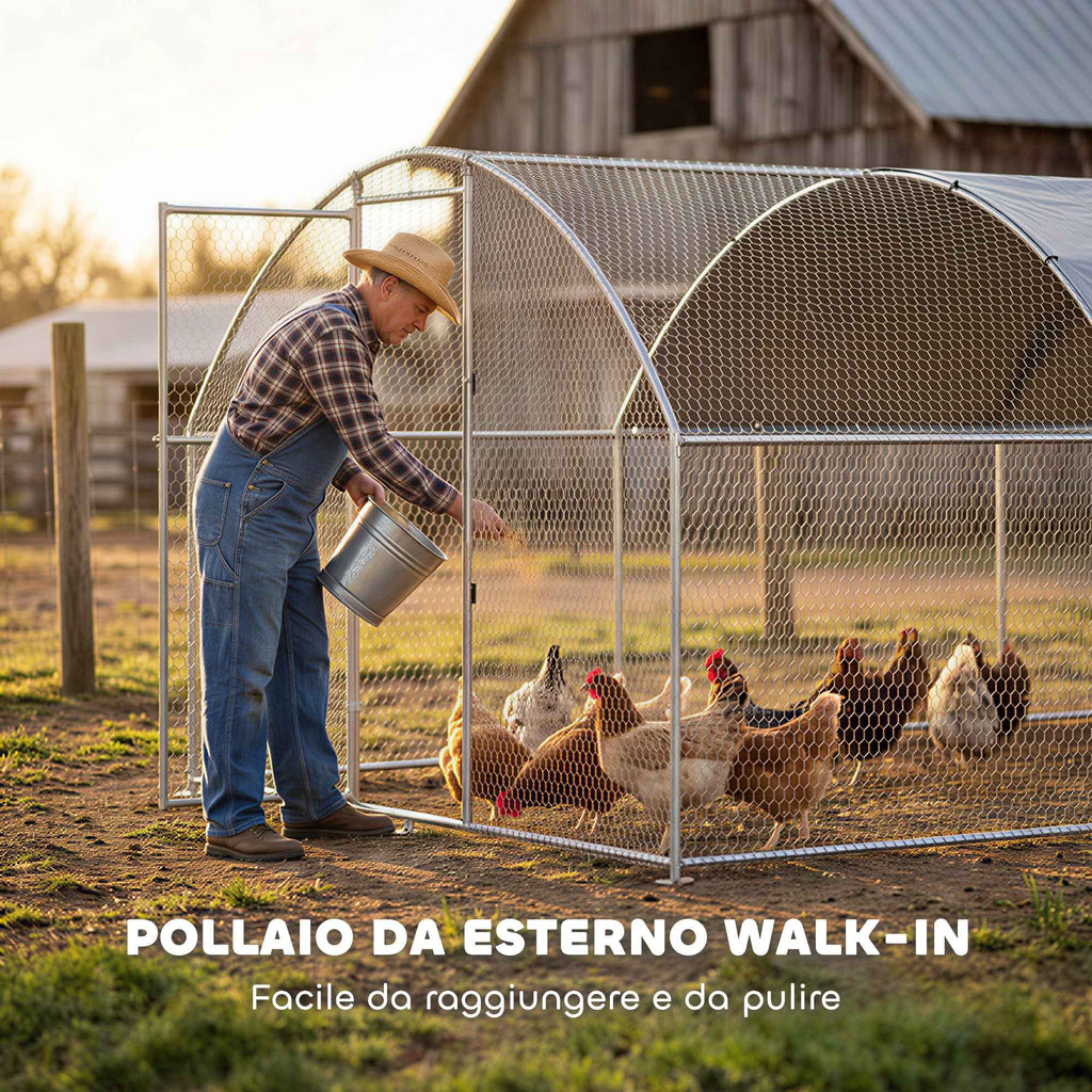 PawHut Outdoor Chicken Coop with Waterproof Roof and Lock, Galvanized Steel, 2.8 x 3.4 x 1.9 m, Silver