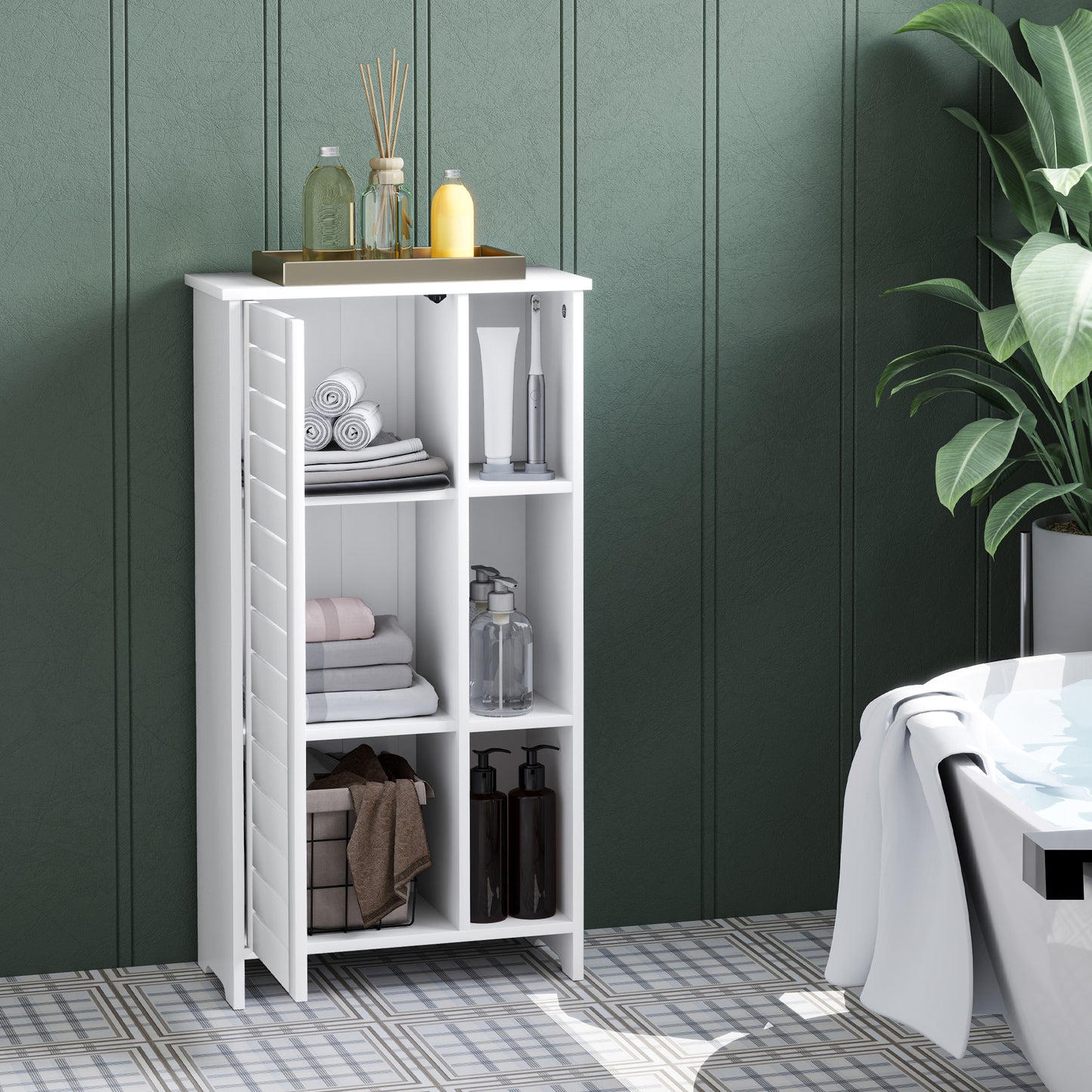 Bathroom Cabinet with 3-Tier Closed Cabinet and 3 Open Shelves, in White Wood, 48x24x96.5 cm