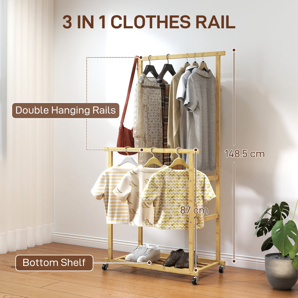 Bamboo Clothes Rail with 2 Rails, Lower Shelf and 4 Wheels, 80x40x160 cm, Natural Wood