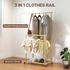 Bamboo Clothes Rail with 2 Rails, Lower Shelf and 4 Wheels, 80x40x160 cm, Natural Wood