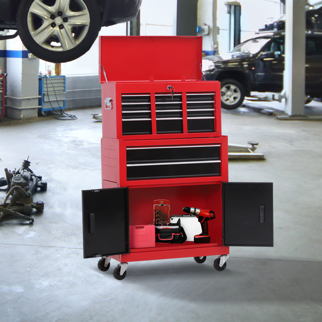 2-in-1 Tool Cart with Upper Drawer and Lower Cabinet, Metal, 61.6x33x108 cm, Red