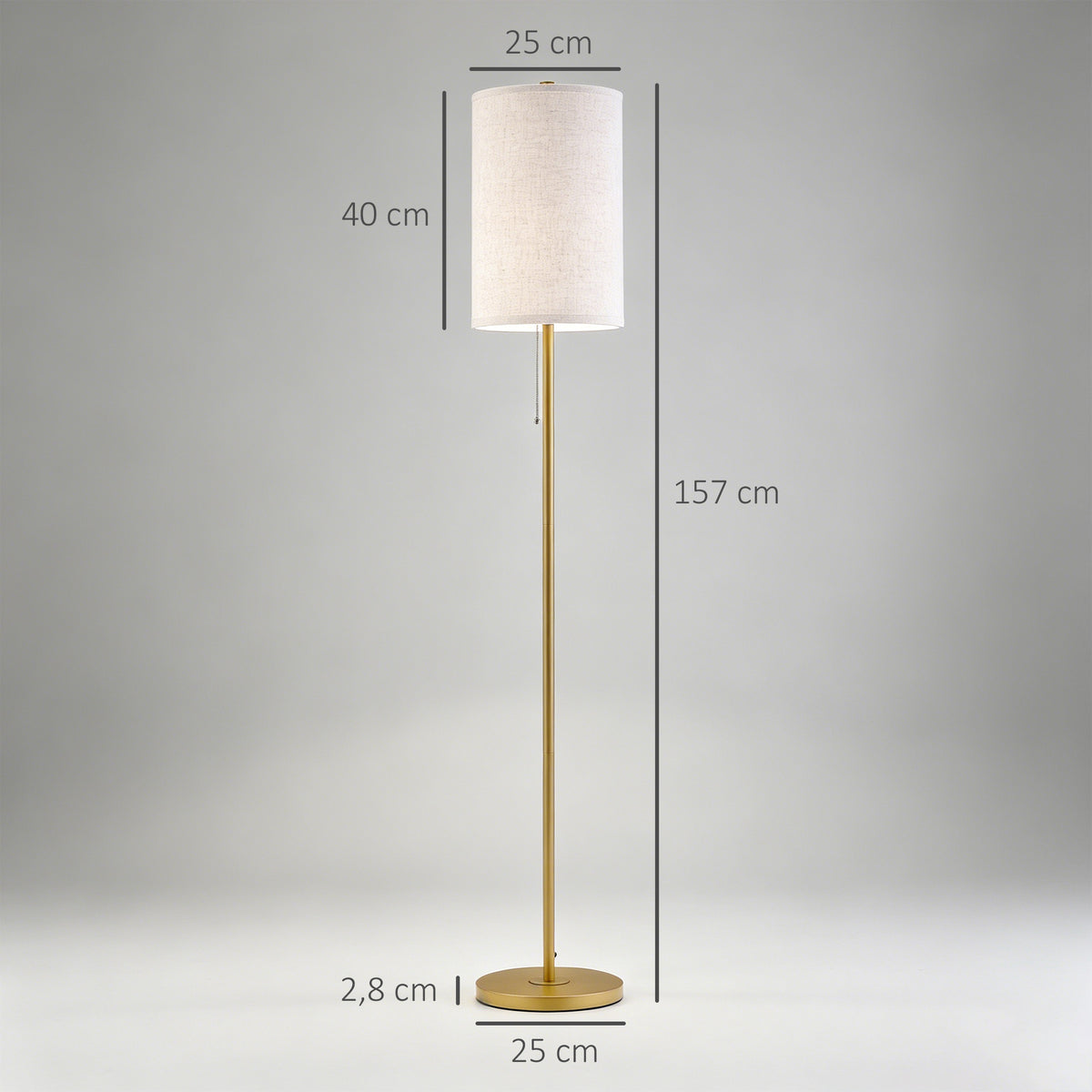 HOMCOM Floor Lamp with Pull Chain Switch, Linen Shade and Steel Base, E27 Socket, Gold and Cream