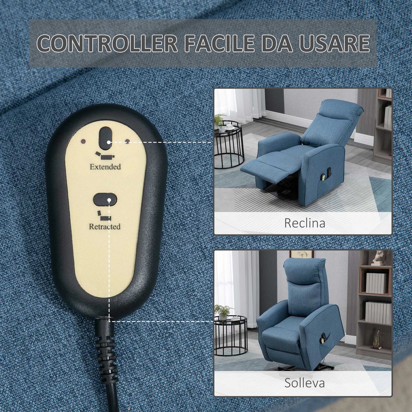 Lift Relax Chair with 8 Massage Points, 135° Reclining and 2 Remote Controls, Blue