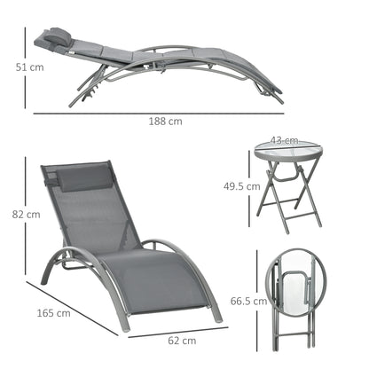 Set of 2 Reclining Sun Loungers on 4 Levels and Folding Table, Grey