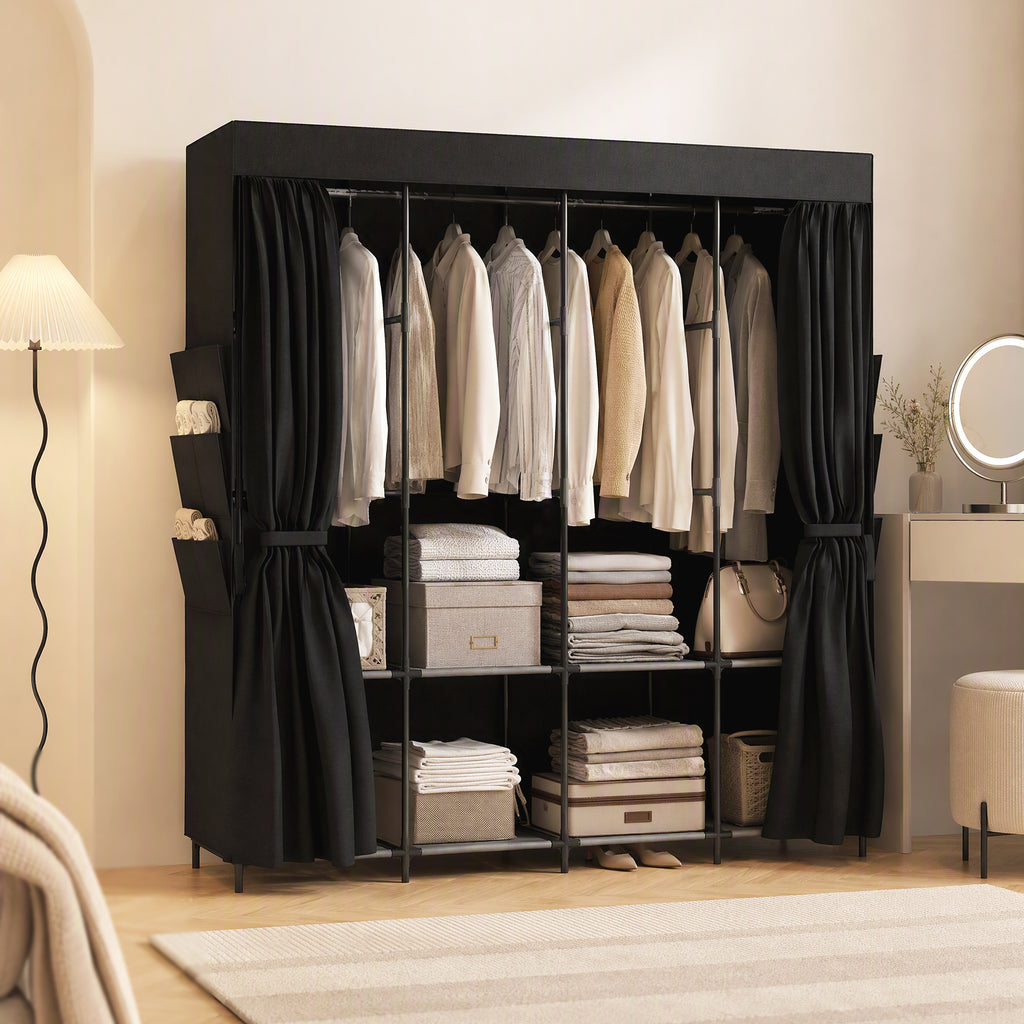 HOMCOM Space-Saving Fabric Wardrobe with 5 Rods, 4 Shelves, 6 Side Pockets, 170x45x167 cm, Black