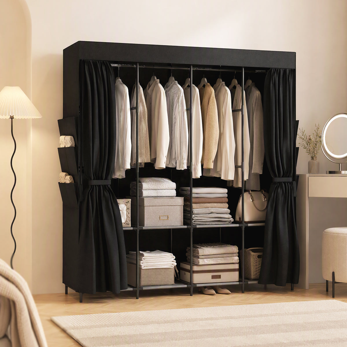 HOMCOM Space-Saving Fabric Wardrobe with 5 Rods, 4 Shelves, 6 Side Pockets, 170x45x167 cm, Black