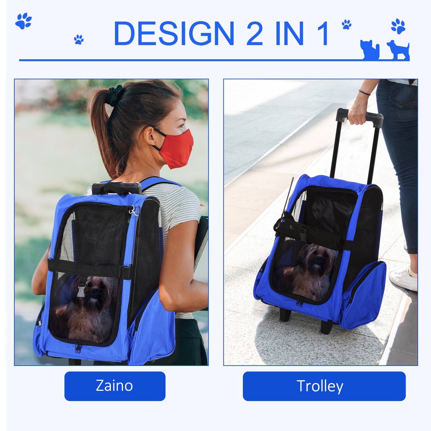 PawHut 2 in 1 Backpack Carrier for Dogs and Cats with Side Pockets, Telescopic Handle and Wheels, 42x25x55cm, Blue