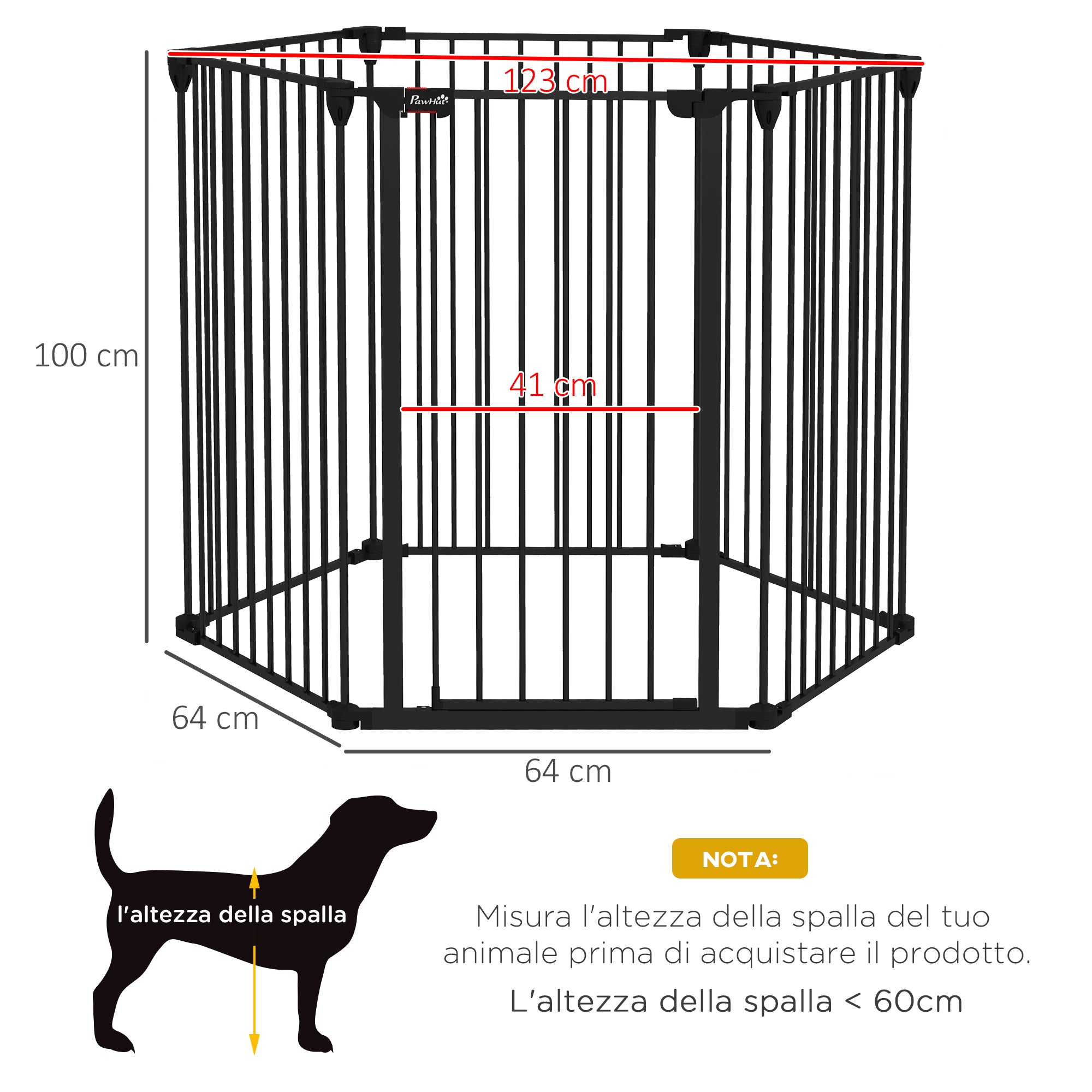 Folding Dog Gate 6-Panel for Medium-sized Dogs, Made of Steel and Plastic, 123x102x100 cm, Black