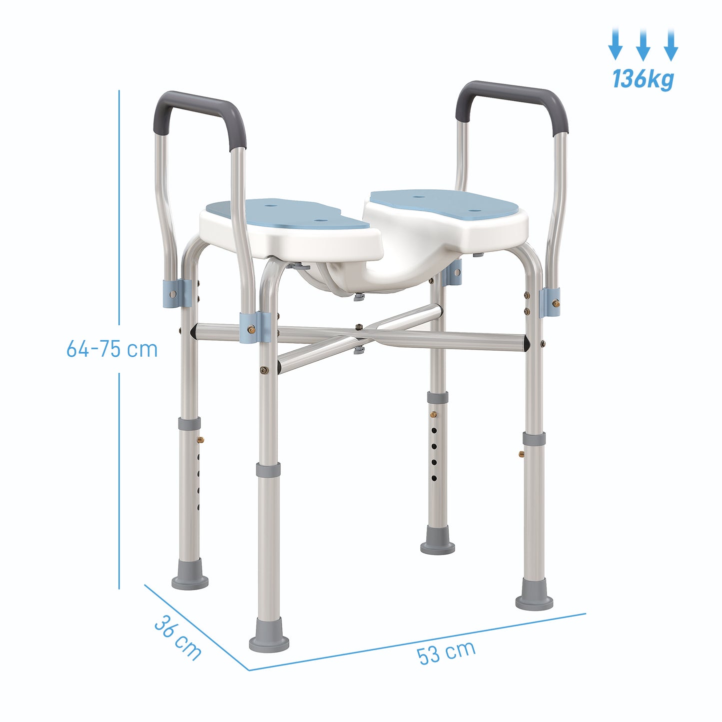 Shower Stool with Grooved Seat and Armrests, Adjustable Height and Non-Slip Feet, Blue