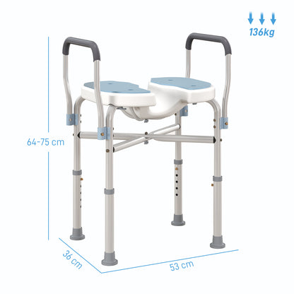 Shower Stool with Grooved Seat and Armrests, Adjustable Height and Non-Slip Feet, Blue