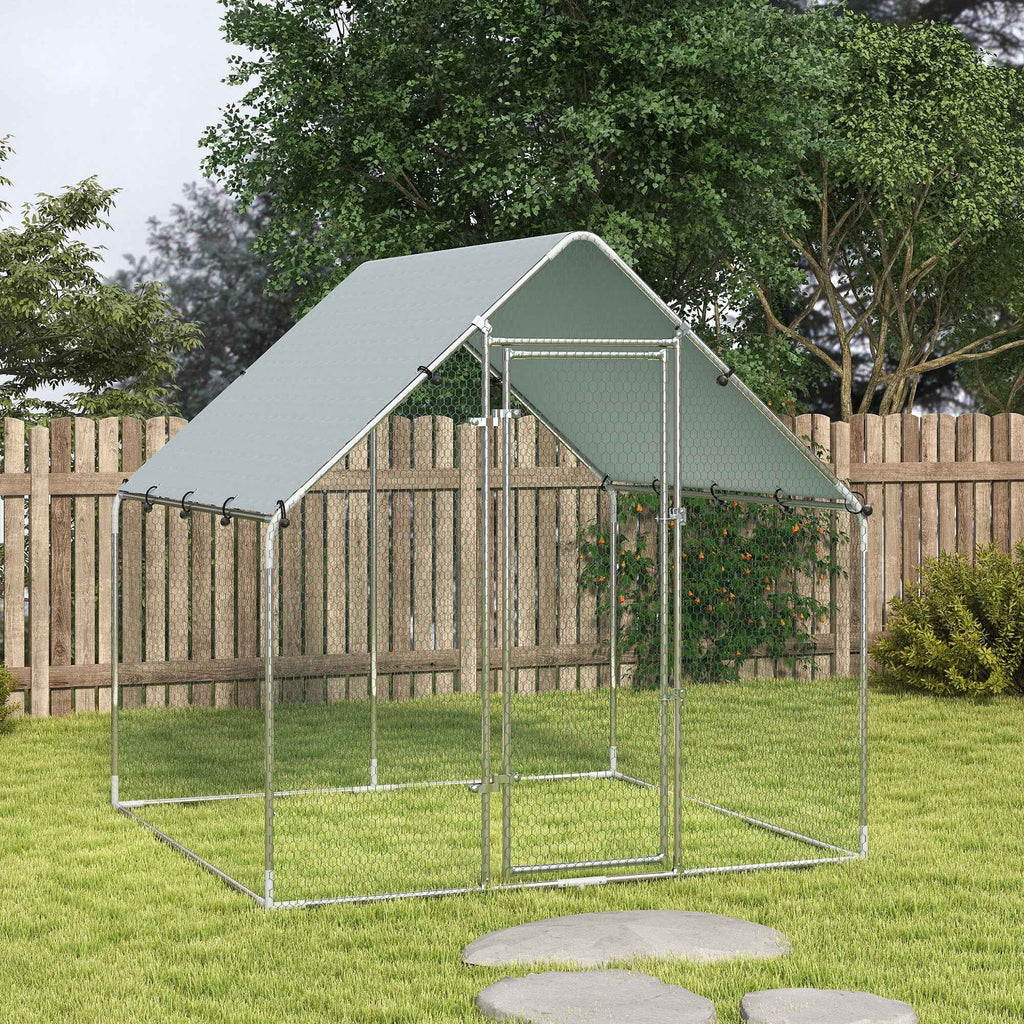 PawHut Outdoor Chicken Coop with Roof and Locks, Galvanized Steel, 2x2x2 m, Silver