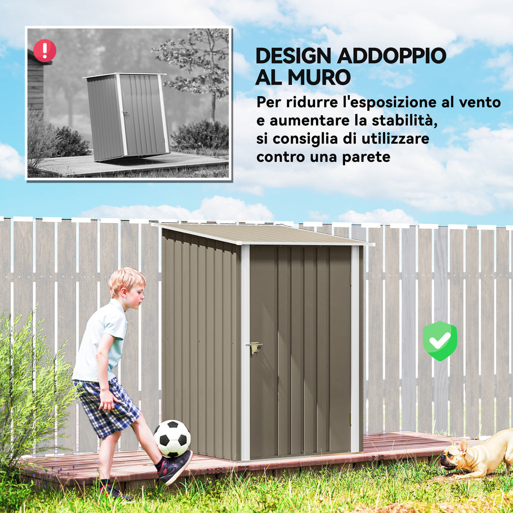 Outsunny Galvanized Steel Garden Shed with Door, 100x104x160 cm, Brown and White