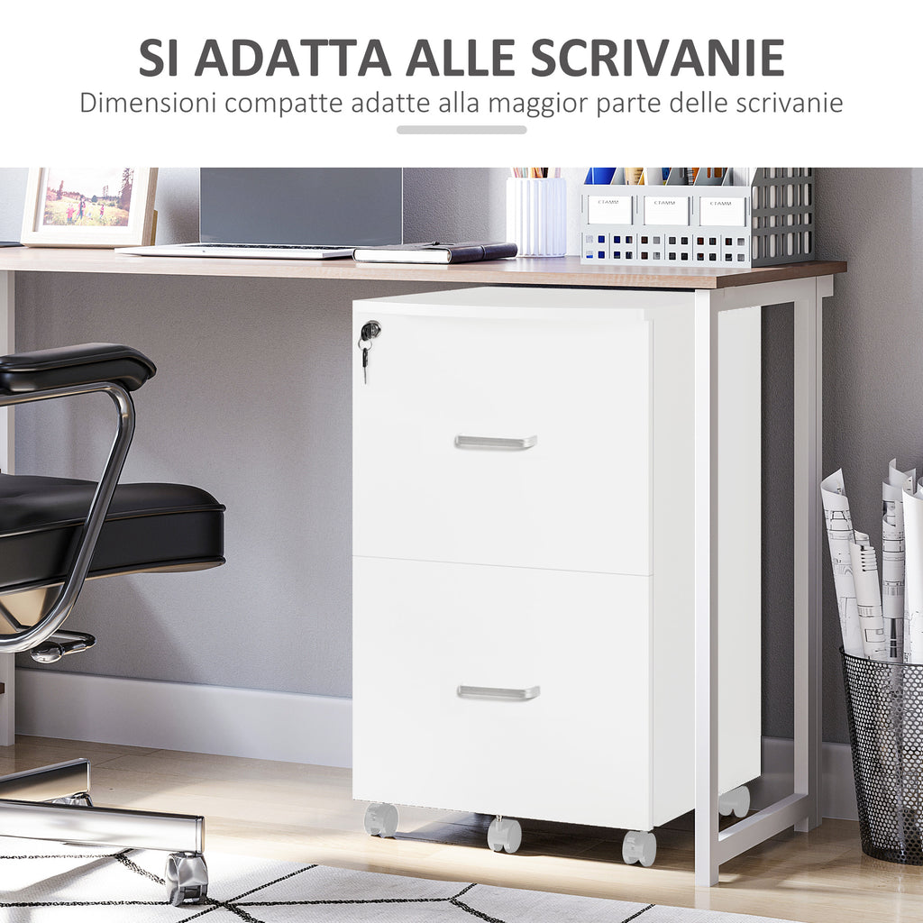 Office Cabinet with 2 Drawers and 5 Wheels, MDF and Chipboard File Cabinet, 43x45x72 cm, White