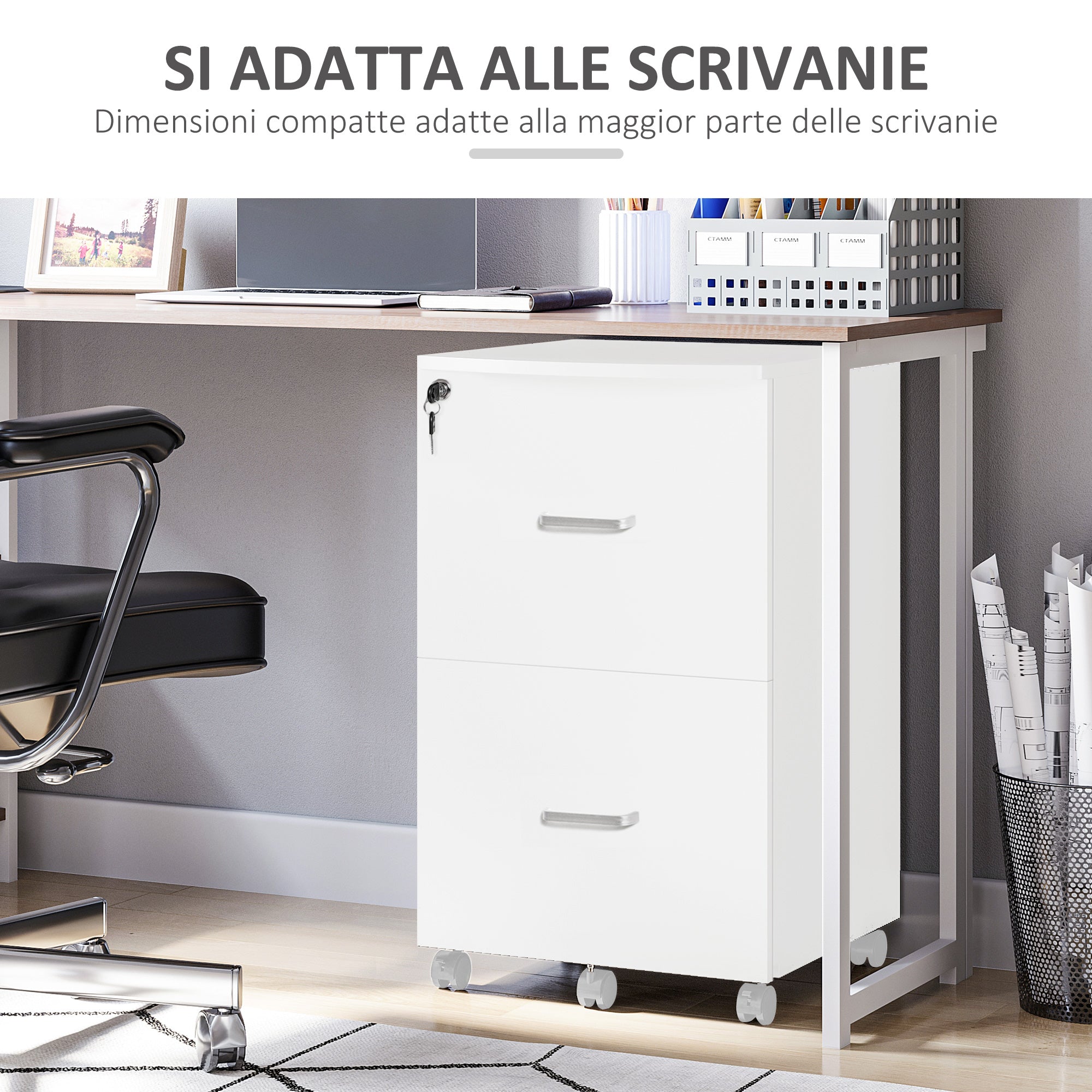 Office Cabinet with 2 Drawers and 5 Wheels, MDF and Chipboard File Cabinet, 43x45x72 cm, White