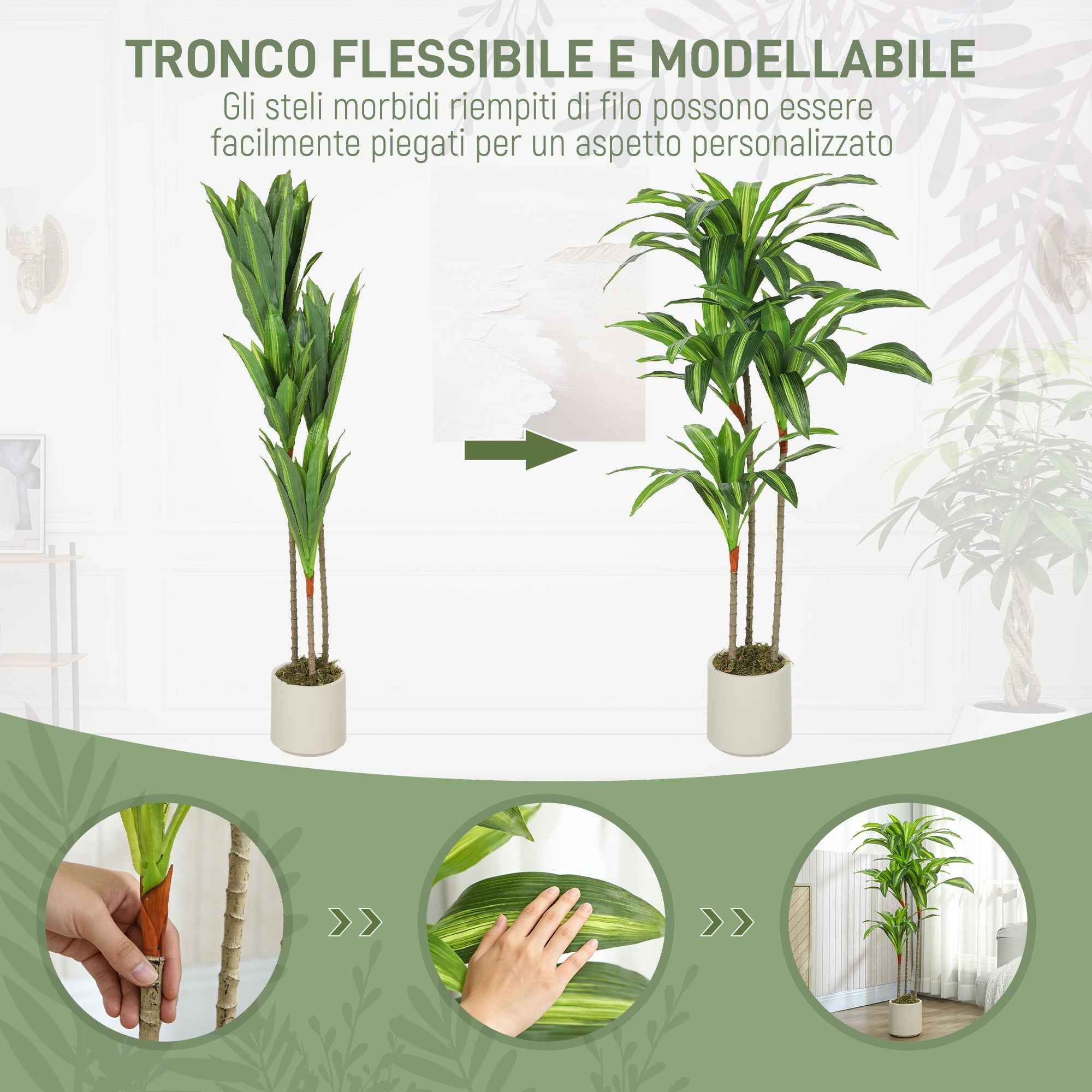 HOMCOM Artificial Green Dracaena Plant in PEVA and Wood with PP and Cement Container Pot, 60x40x120 cm