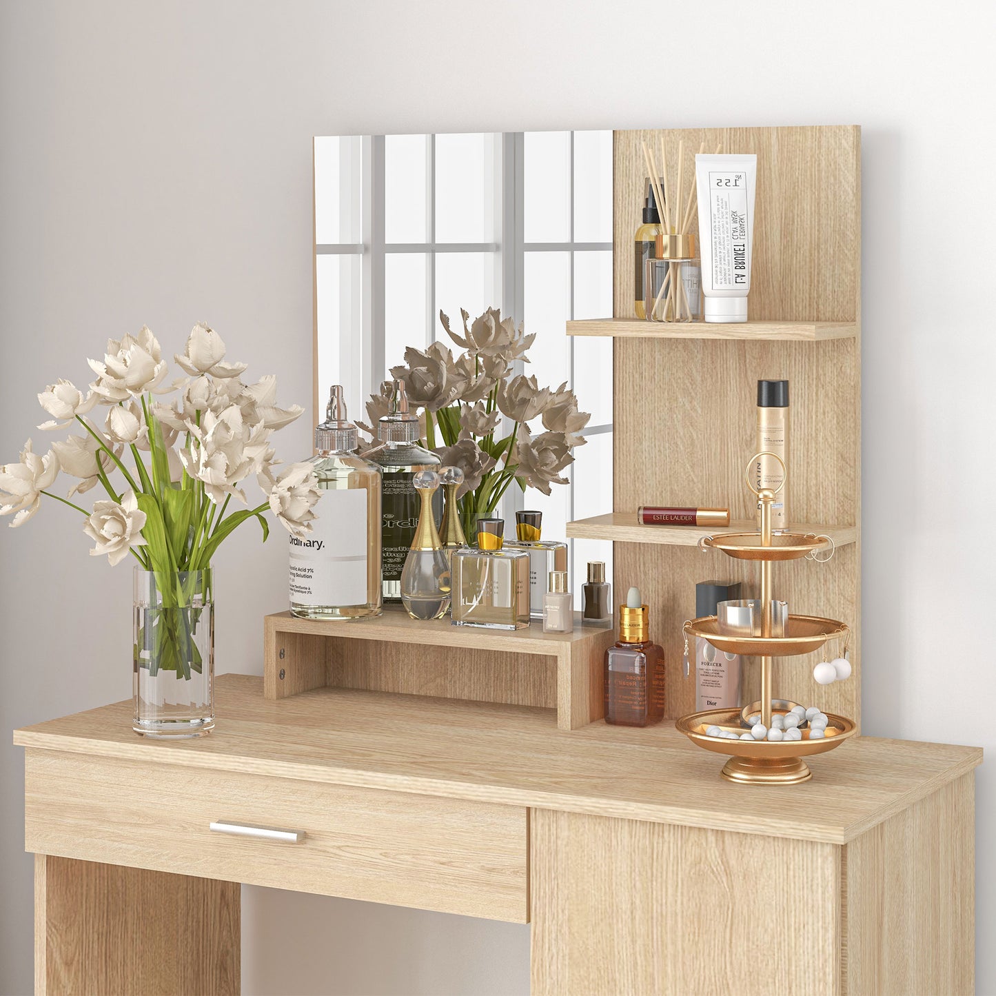 Dressing make -up table with cabinet, drawer, open shelves and mirror, 90x38x138 cm