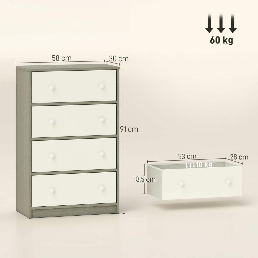 4-Drawer Folding Chest with Double Handles, Made of Wood, Steel and Fabric, 58x30x91 cm, White and Grey