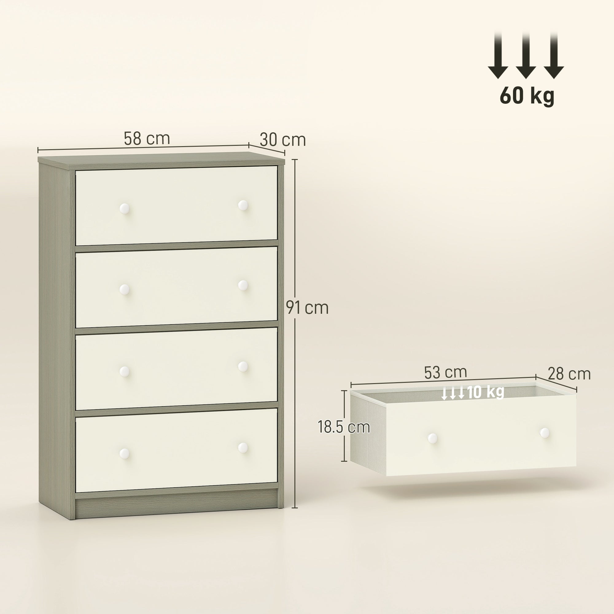 4-Drawer Folding Chest with Double Handles, Made of Wood, Steel and Fabric, 58x30x91 cm, White and Grey