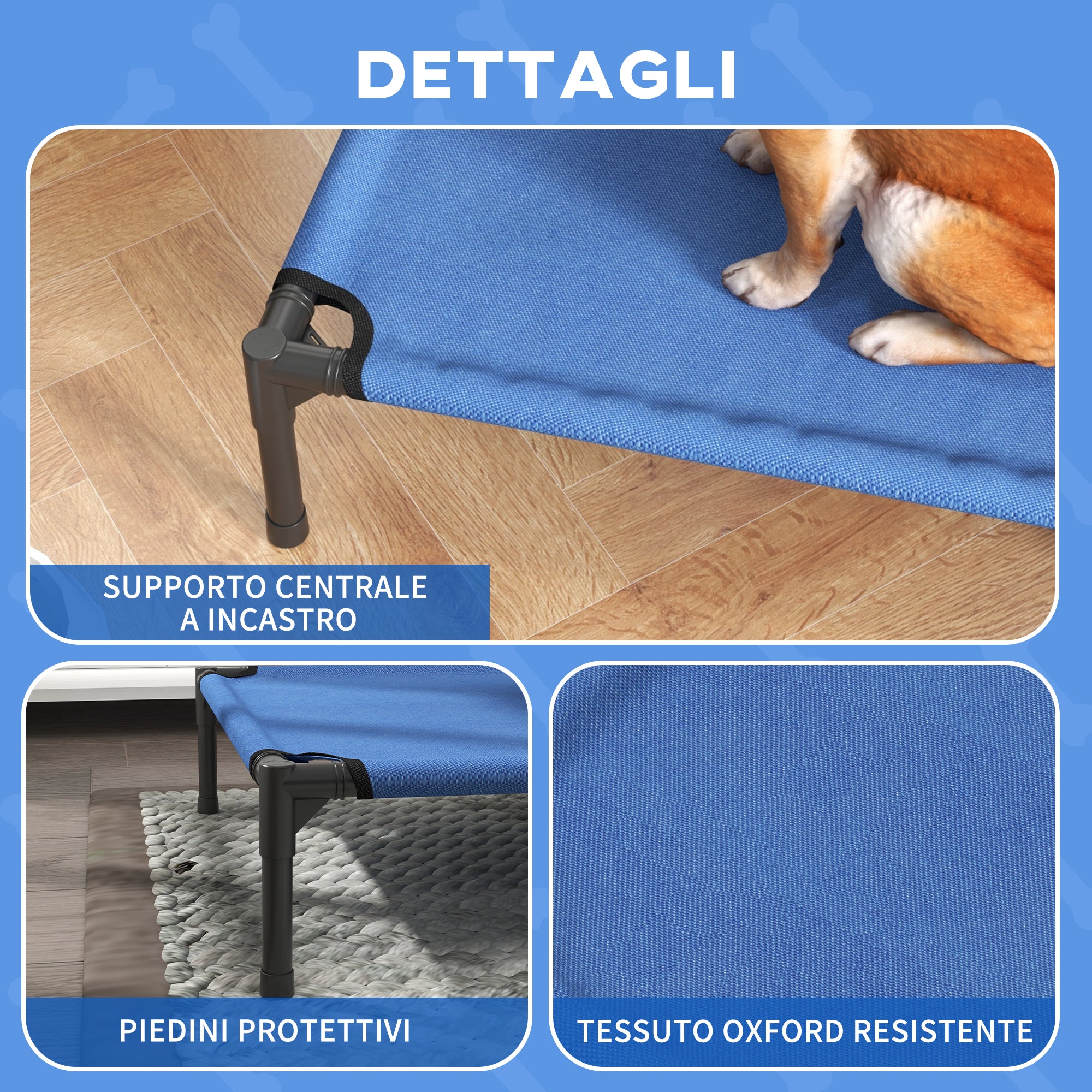 Foldable Raised Dog Bed for Indoor and Outdoor Use in Metal and Oxford Fabric, 76x61x18 cm, Blue