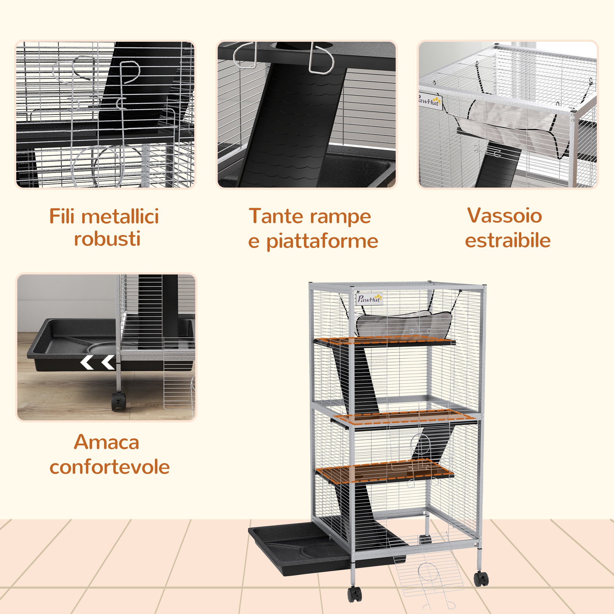 Steel Guinea Pig and Chinchilla Cage with 3 Levels, Wheels and Removable Tray, Light Grey