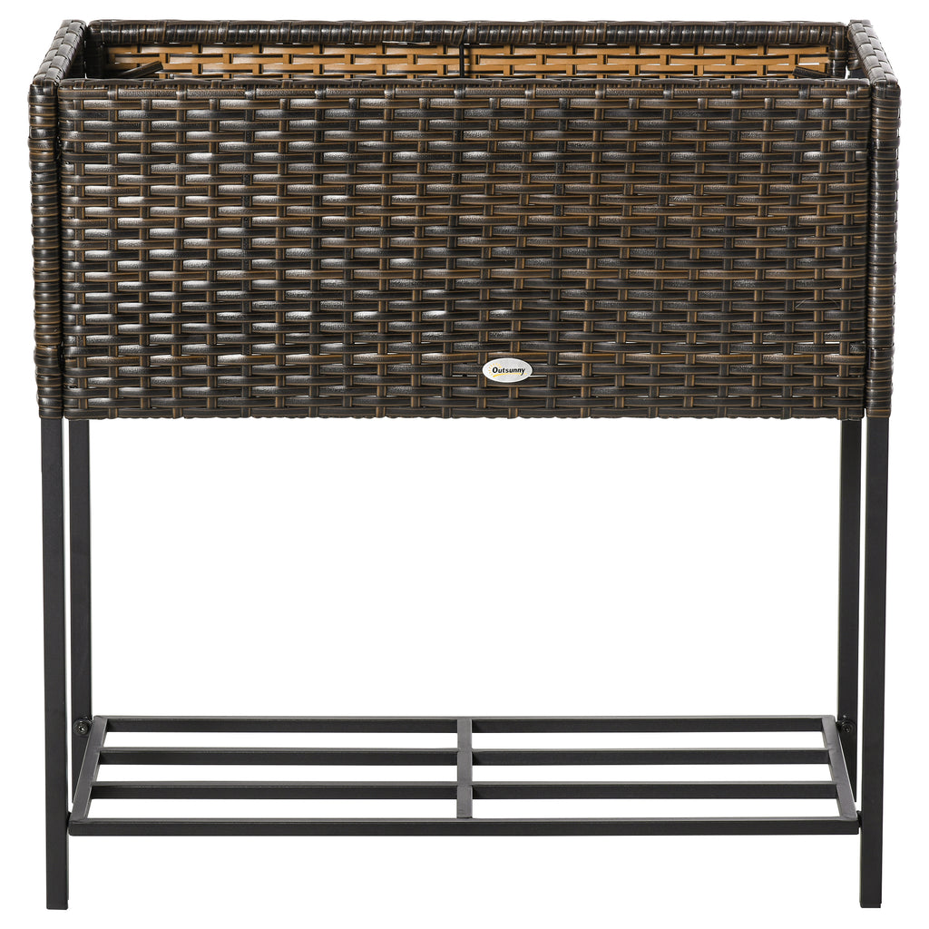 Outsunny Raised Garden Bed, Wicker-Effect Planter with Shelf, Raised Garden Bed for Indoor and Outdoor Use, Brown (70cm x 30cm x 70cm)