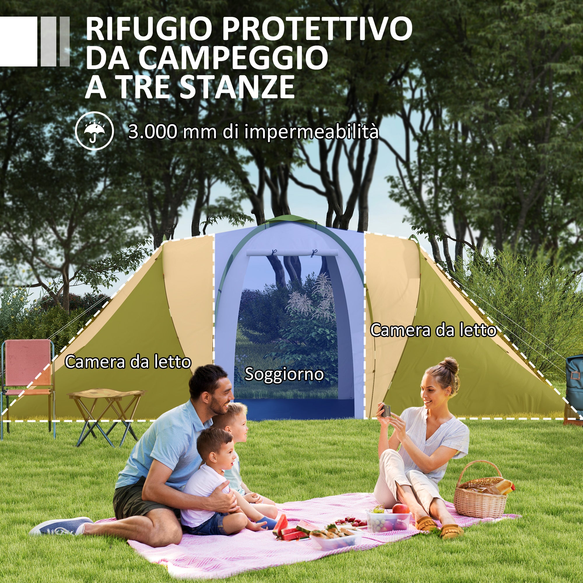 Camping Tent 4-6 People with 2 Rooms, in Polyester and Fiberglass, 555x225x190 cm, Gray and Green