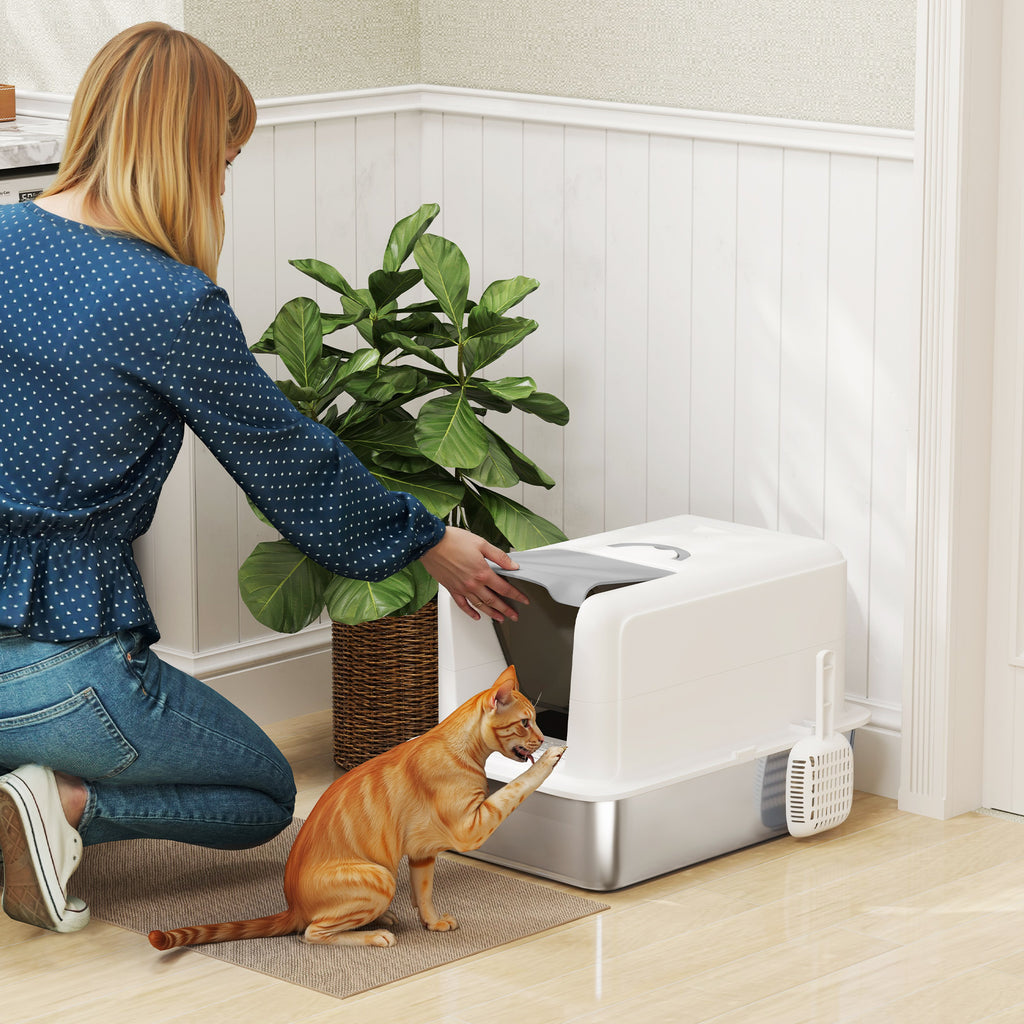 Enclosed Cat Litter Box with Steel Tray, Scoop and Filter Bags, PP, 40.5x60.5x41.5 cm, White and Silver