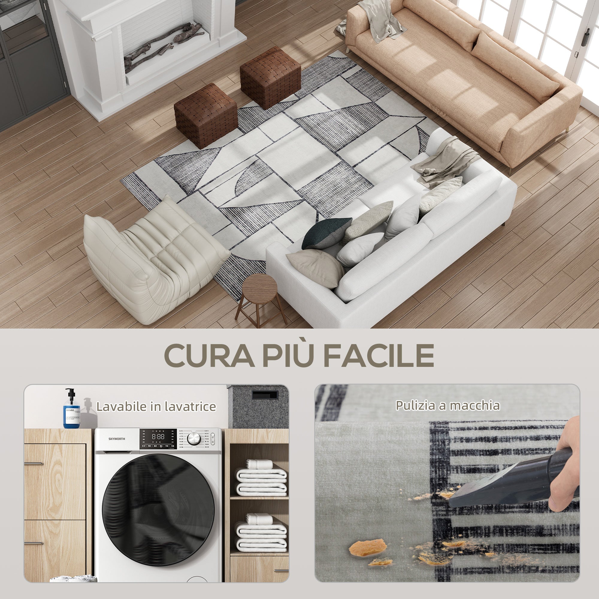 Modern Non-Slip Rug with Geometric Lines, in Multicolored Polyester, 230x160x0.7 cm