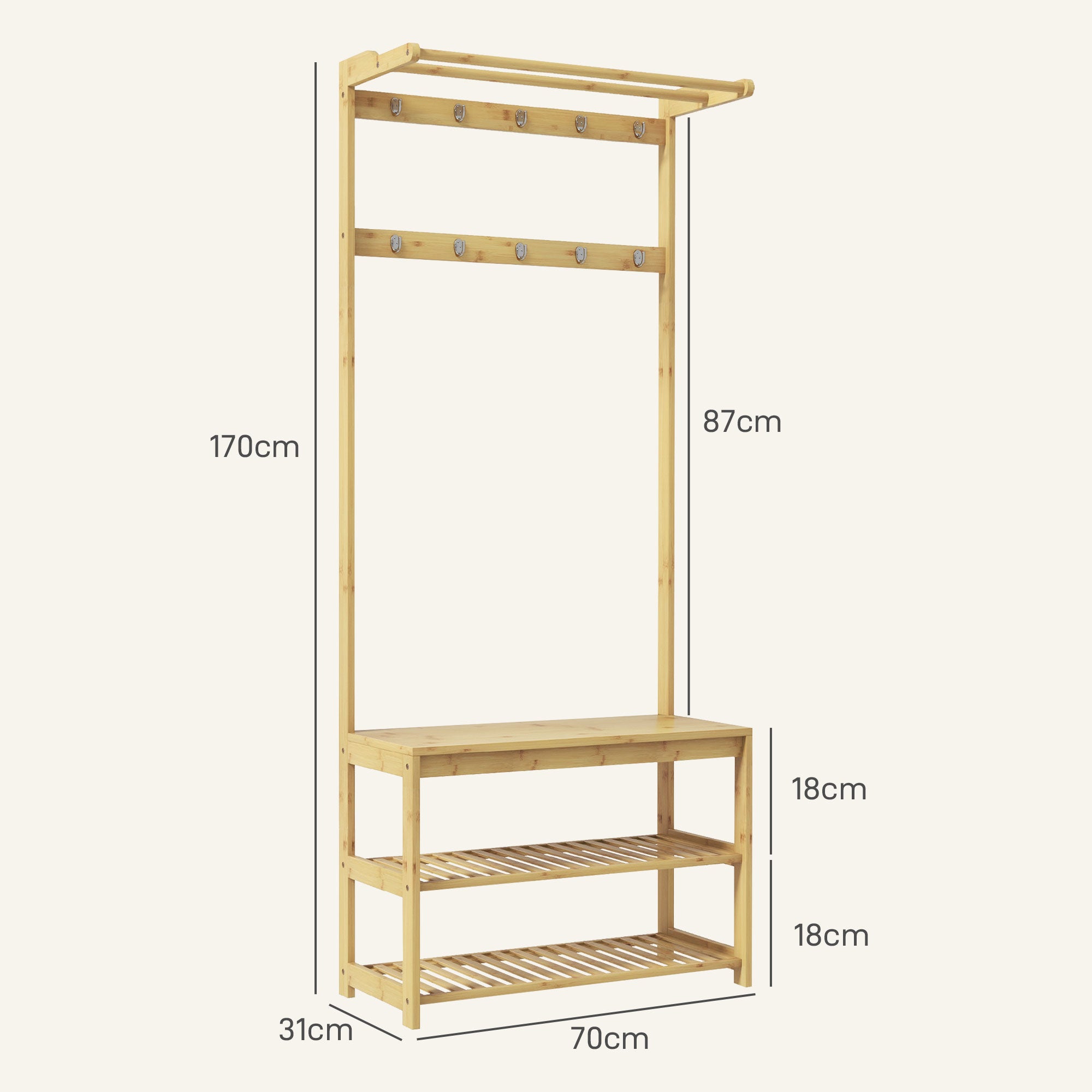 3 in 1 Bamboo Coat Rack with 10 Hooks, 2 Rods and Shoe Bench, 70x31x170 cm, Brown