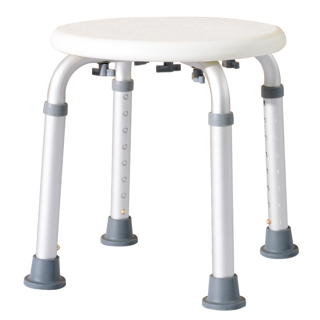 Round Shower Stool for the Elderly, Disabled Bath Chair with 8-Position Adjustable Height, Non-Slip Feet, Made of Aluminum and PE, White