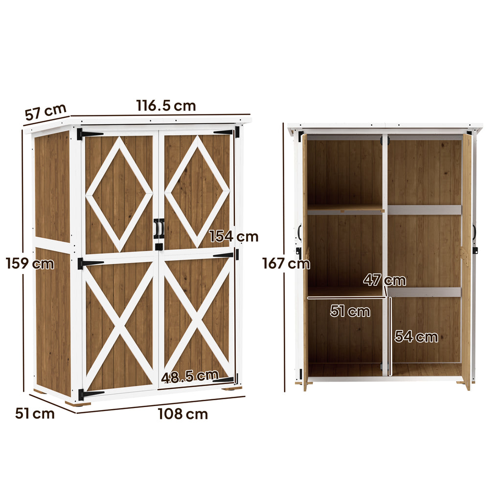 Garden Shed in Fir Wood with 2 Shelves and 2 Doors, 116.5x57x159/167 cm, Brown and White