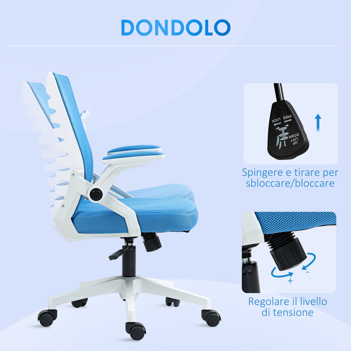 Vinsetto Ergonomic Height-Adjustable Swivel Chair with Armrests, 54x54x89-99 cm, White and Light Blue - Borgè