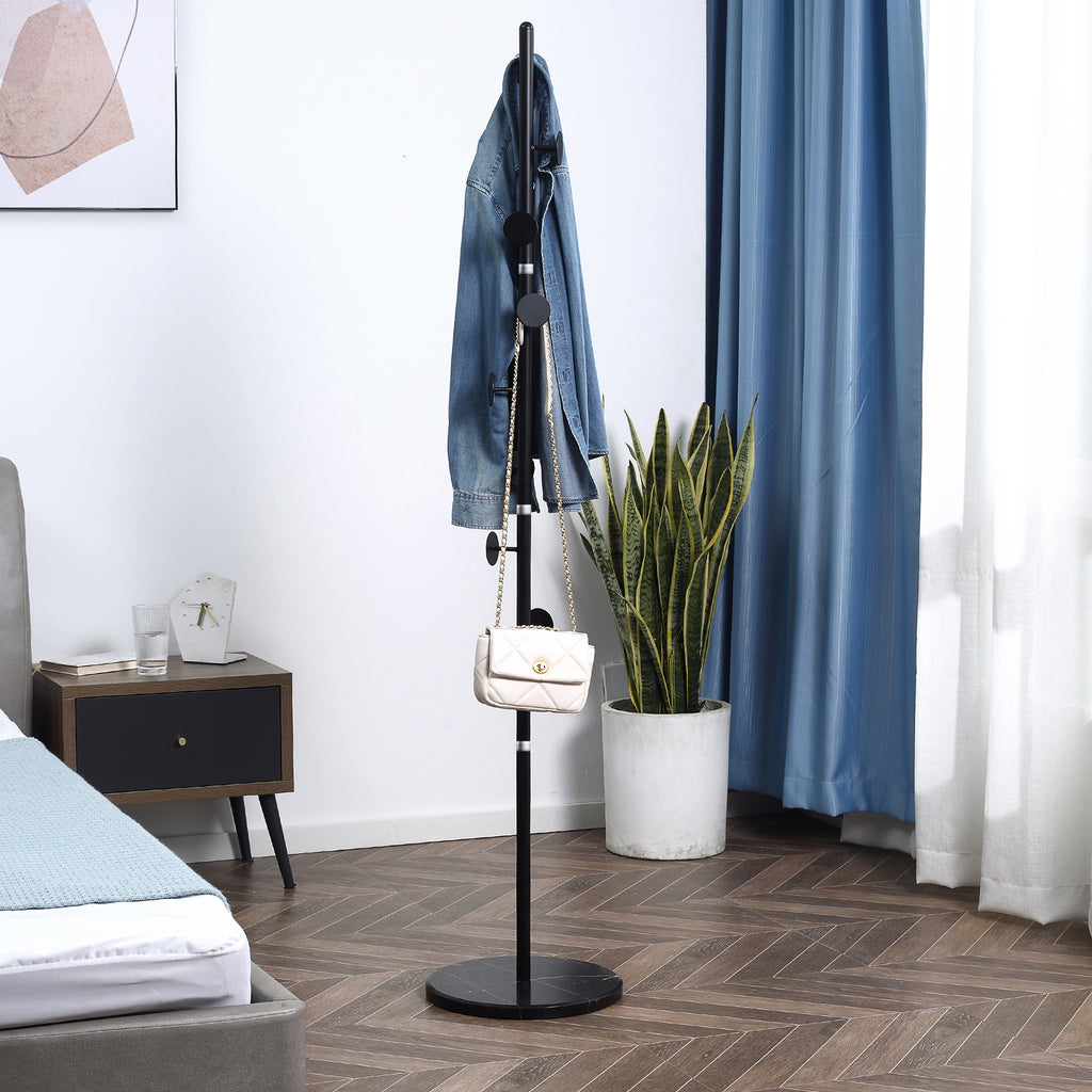Coat Rack with 8 Hooks, Steel Frame with Marble Base, 35x35x170cm, Black
