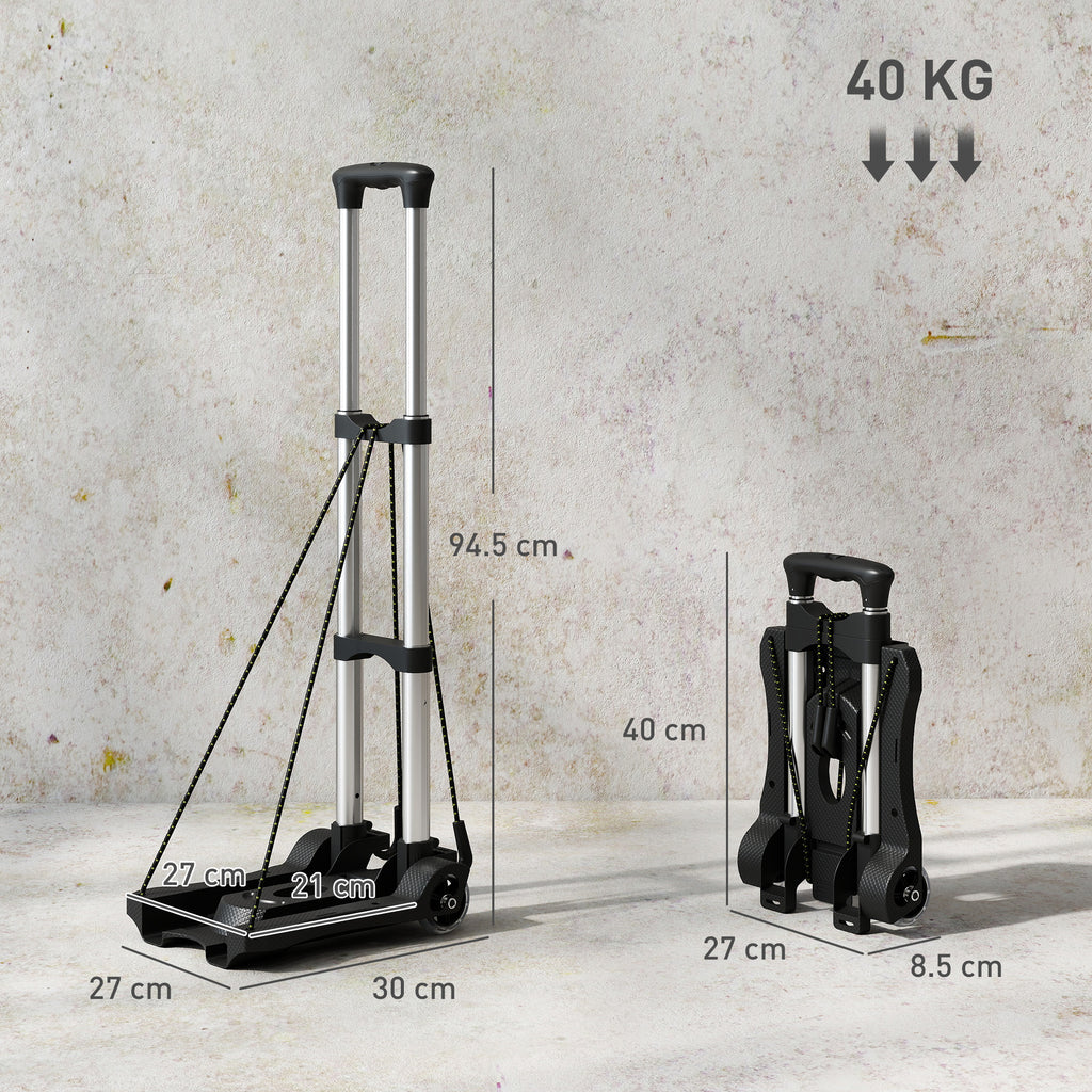 Folding Luggage Cart, 40 kg, with 2 Straps, Telescopic Handle, Aluminum and Plastic, Black