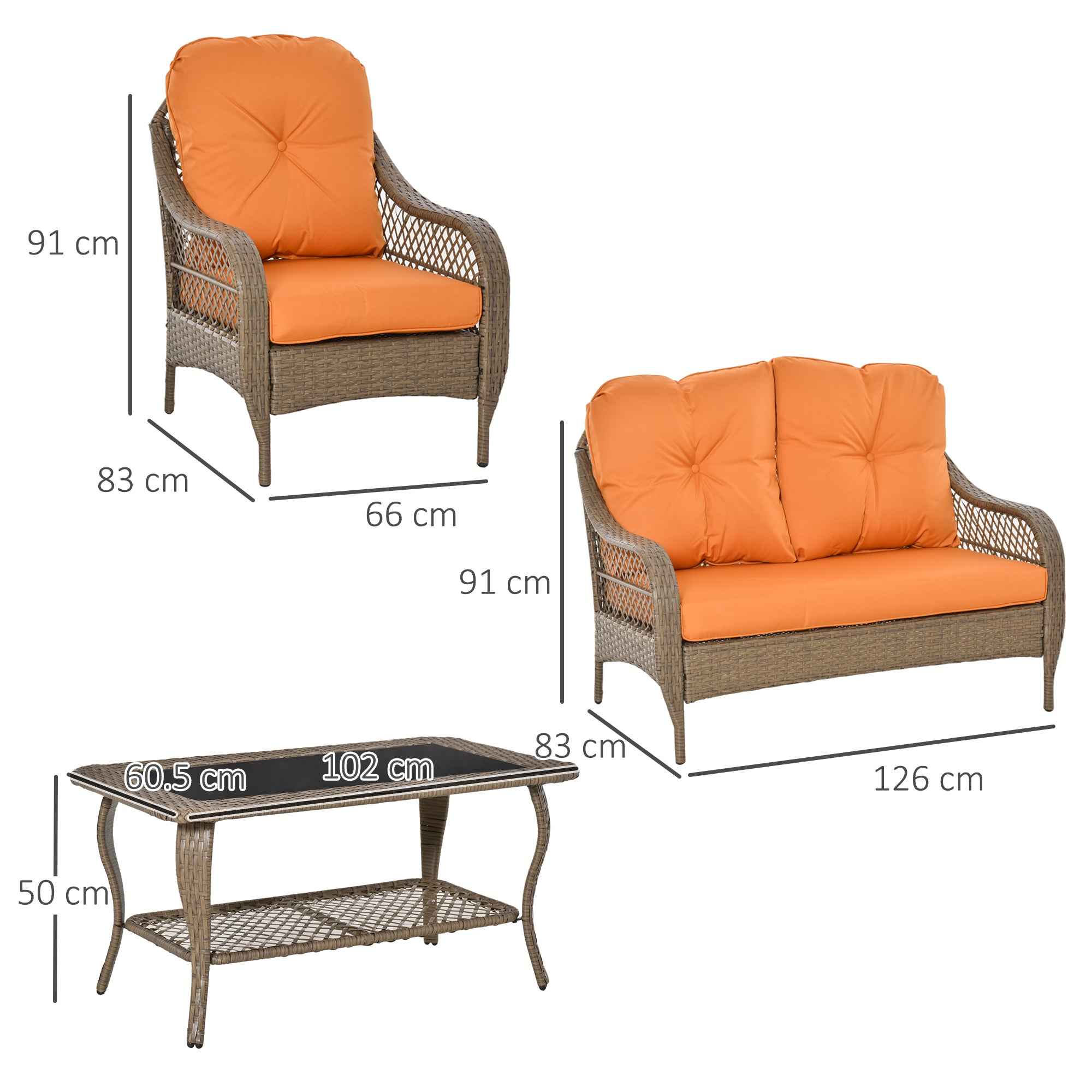 Outsunny PE Rattan Garden Furniture Set with 2 Armchairs, 2-Seater Sofa, Table and Cushions, Khaki and Orange Color