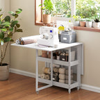 HOMCOM Folding Table with 2 Drop-Leaf Tops for 4 People with 2 Open Shelves, Wood and Metal, 133.4 x 80 x 75 cm, White