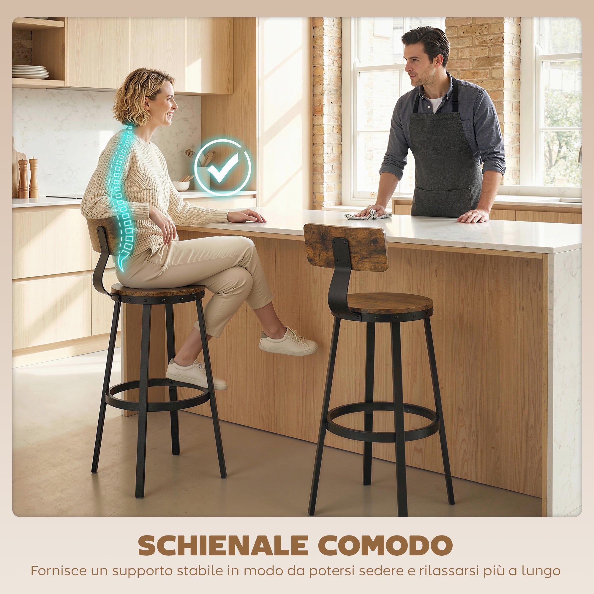 Set of 2 Rustic Bar Stools with Footrest, Wood and Metal, 37x47x96 cm, Brown